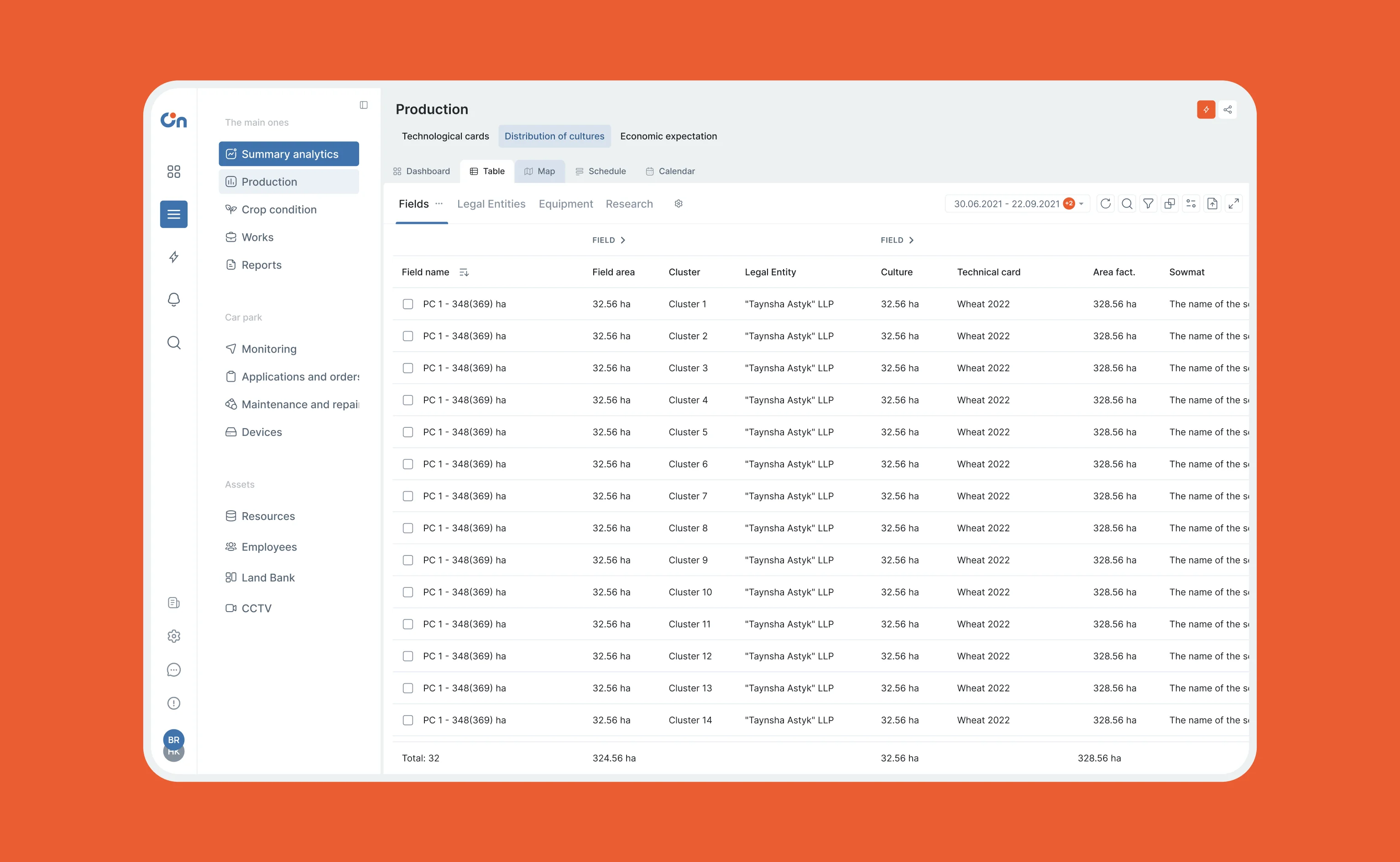 OnTrack: production table with the navigation menu