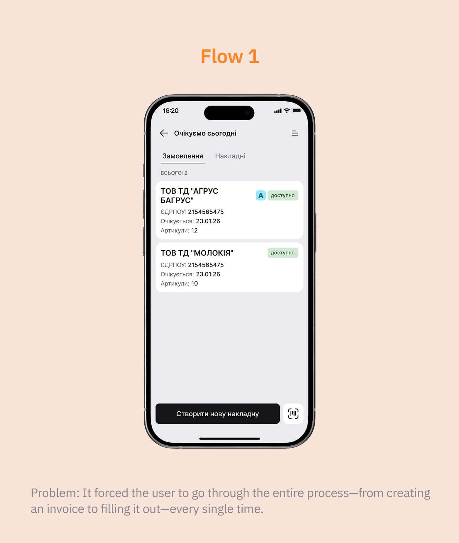 Flow 1. Problem: it forced the user to go through the entire process, from creating an invoice to filling it out, every single time